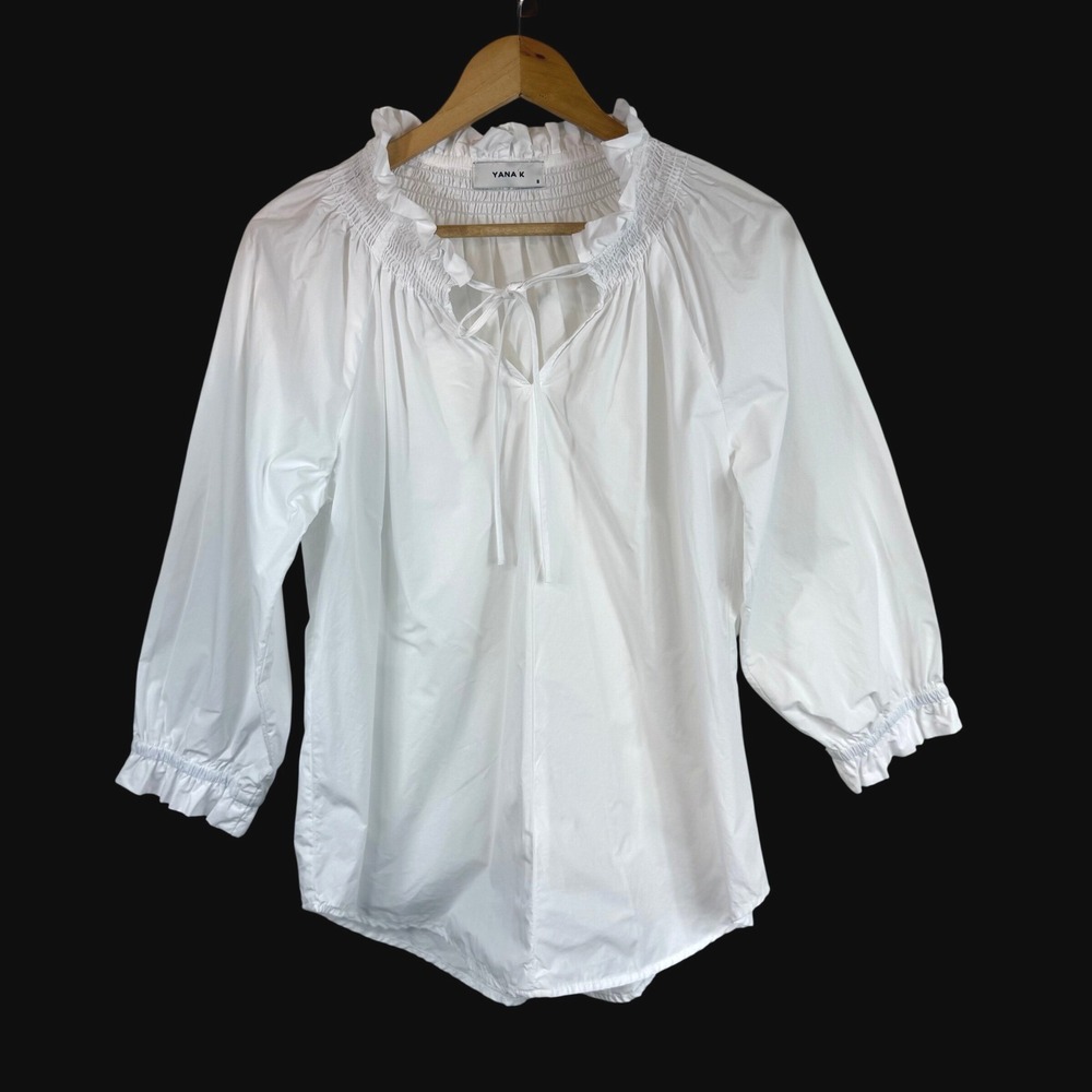 YANA K‎ White Cotton Peasant Blouse Smocked Ruffle Poplin Cottagecore Prairie S